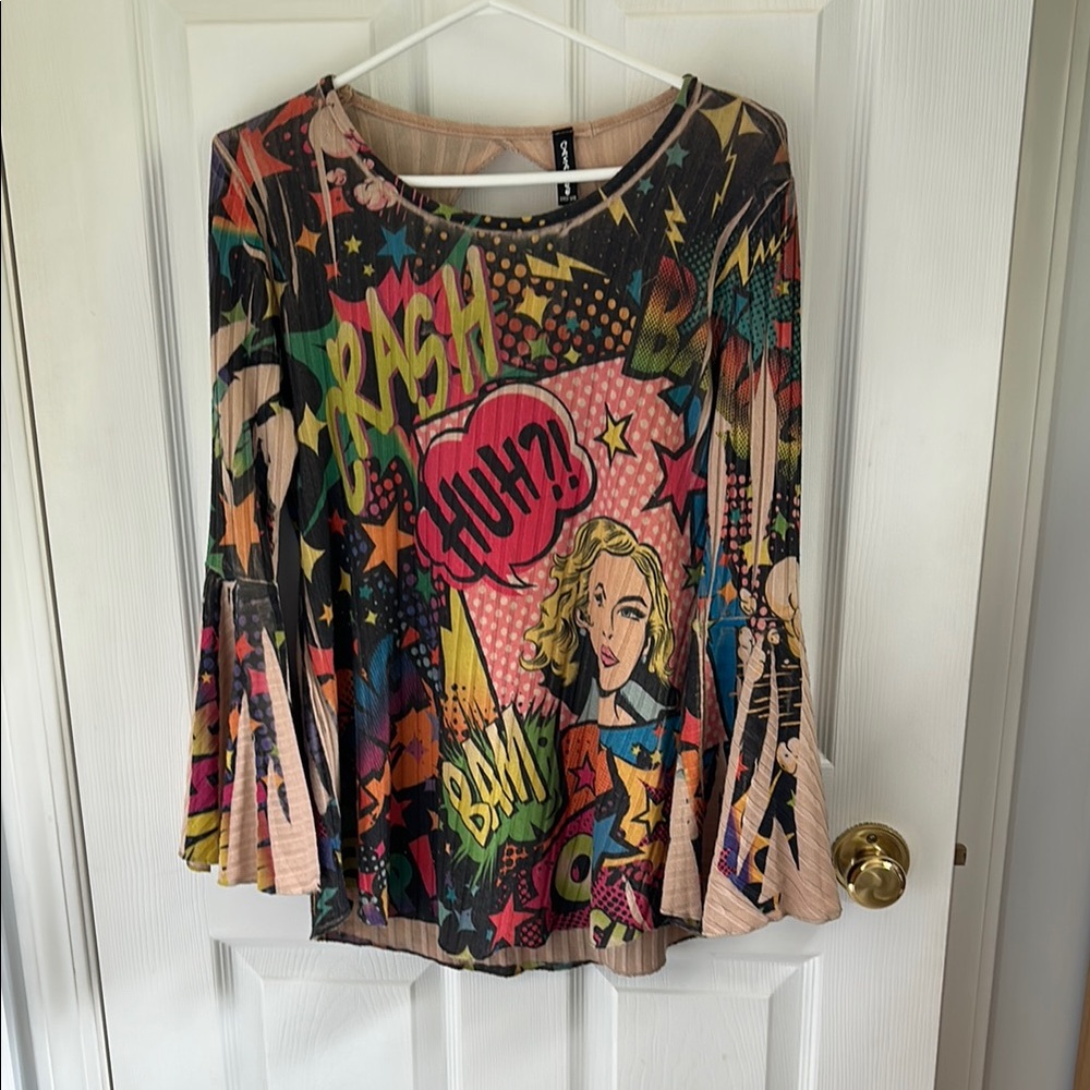 Pink and Green Graphic 3/4 Sleeve Blouse